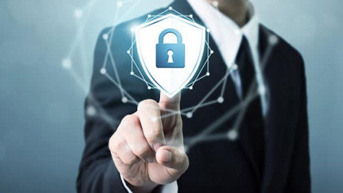 Businessman touching shield protect icon, Concept cyber security safe your data