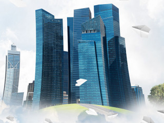 Concept of eco green life as elegant business center on white clouds