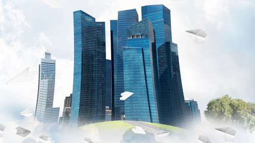Concept of eco green life as elegant business center on white clouds