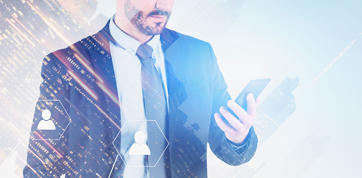 Man looking at phone in city, social media