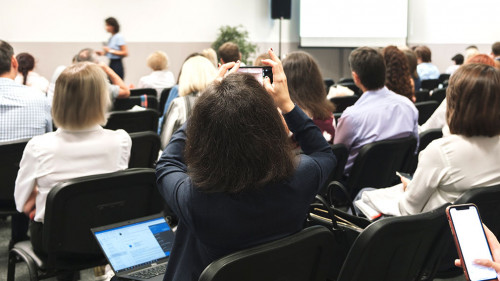 Business woman and people Listening on The Conference. Horizontal Image