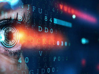 Close up of woman eye in process of scanning