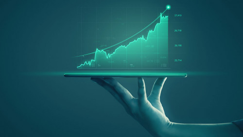 Businessman holding tablet and showing holographic graphs and st