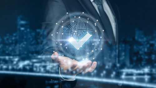 A businessman shows sign quality system .