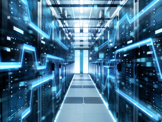 Shot of Corridor in Working Data Center Full of Rack Servers and