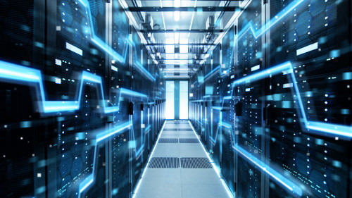 Shot of Corridor in Working Data Center Full of Rack Servers and