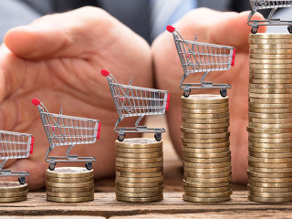 Businessman Protecting Shopping Carts On Stacked Coins