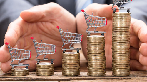 Businessman Protecting Shopping Carts On Stacked Coins
