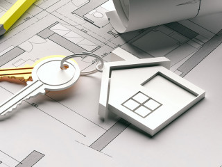 Houme keys and blueprint plans, banner. 3d illustration