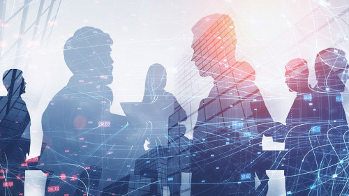 Silhouettes of business people, network