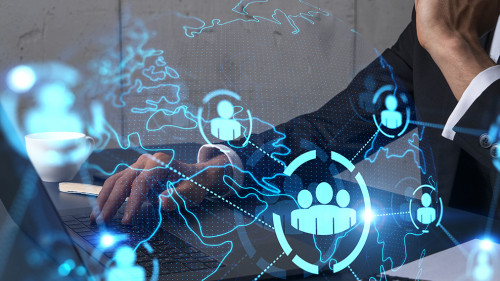 Businessman search for new personal options, typing laptop background and people network hologram.