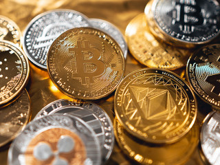 Crypto coins on gold background