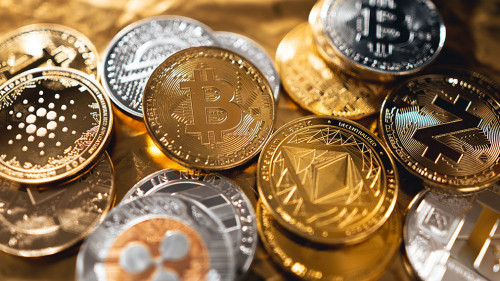 Crypto coins on gold background