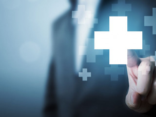 Businessman hand touching plus sign icon means to offer positive thing (like benefits, personal development, social network)