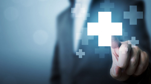 Businessman hand touching plus sign icon means to offer positive thing (like benefits, personal development, social network)