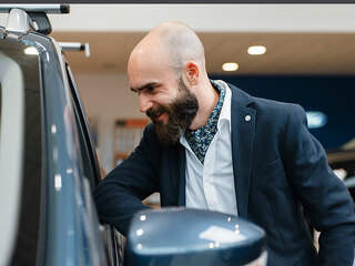 Smiling man poses at automobile in car dealership