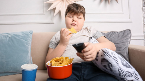 Overweight boy watching TV with snacks indoors