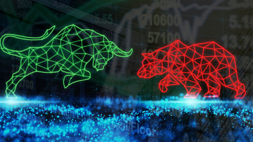 polygonal bull and bear shape writing by lines and dots over the