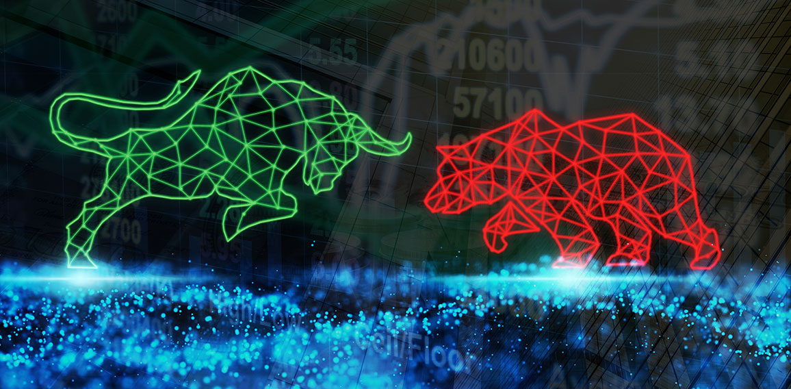 polygonal bull and bear shape writing by lines and dots over the