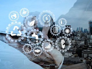 Double exposure of businessman working with new modern computer