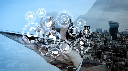 Double exposure of businessman working with new modern computer