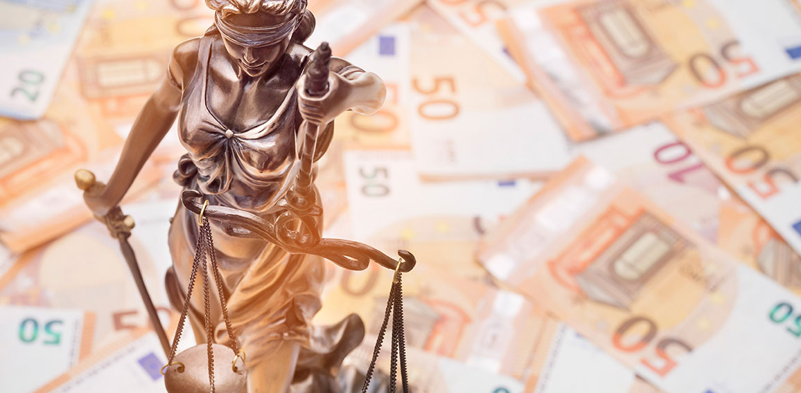 Lady Justice is on several 50 and 20 Euro bills. Concept photo f