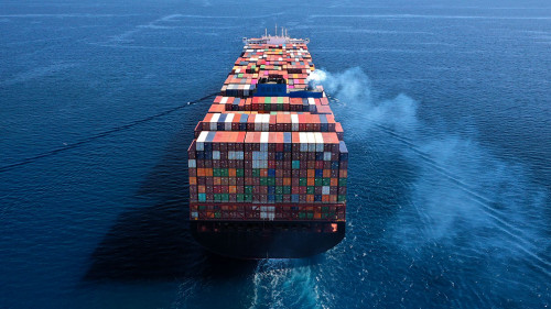 Aerial drone photo of huge container carrier tanker ship cruisin