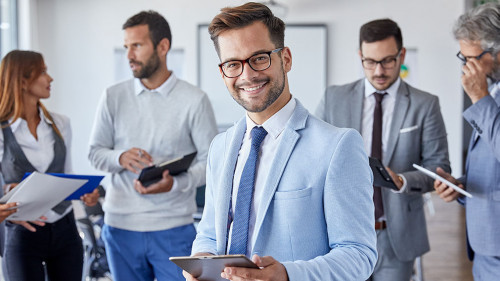 businessman office portrait corporate meeting tablet