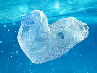 Floating bag. Problem of plastic pollution under the sea concept.