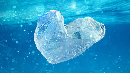 Floating bag. Problem of plastic pollution under the sea concept.
