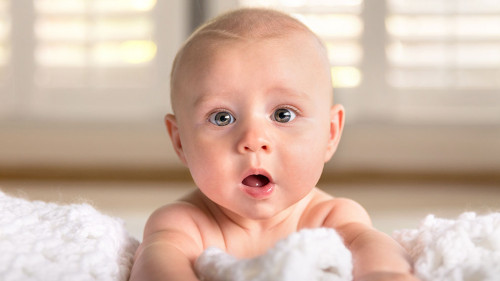Surprised funny expression cute puffy chubby cheeks big blue eye