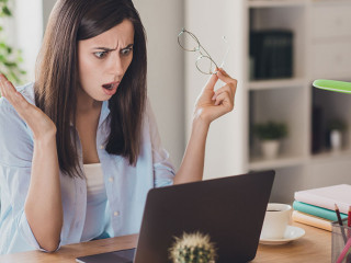 Photo of anxious mad girl take off glasses unexpected problem wear eyeglasses shirt in home office indoors
