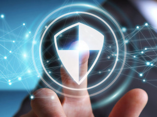 Businessman using shield safe protection with connections 3D ren