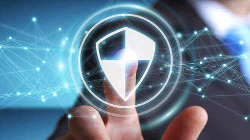 Businessman using shield safe protection with connections 3D ren