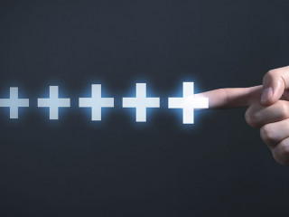 Male hand touching plus sign. Positive, Benefit, Development