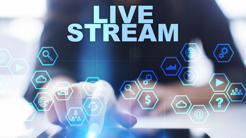 Woman is using tablet pc, pressing on virtual screen and selecting live stream