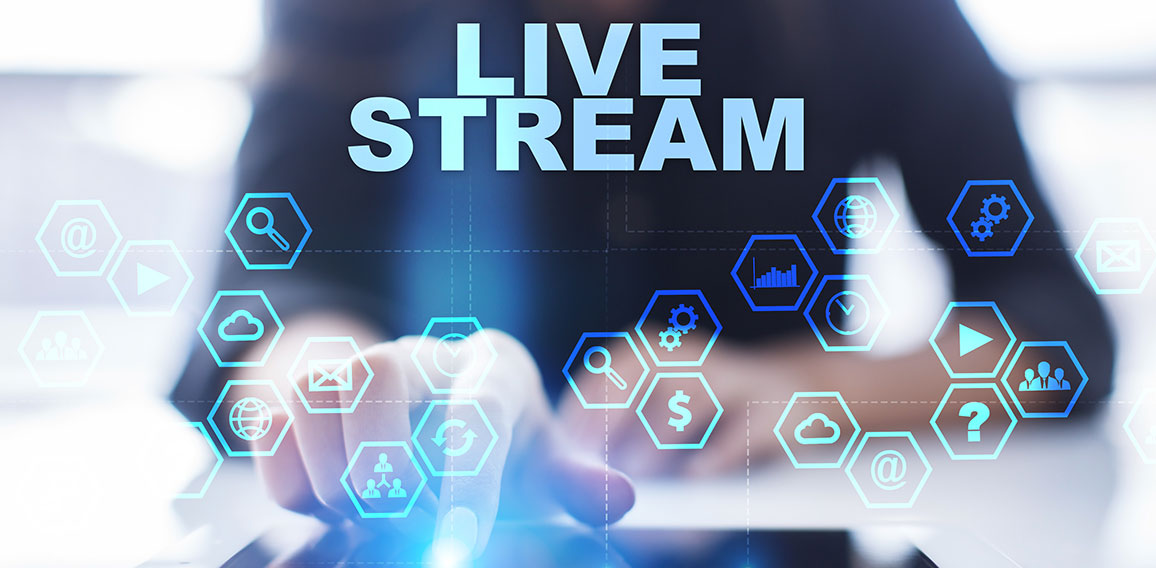 Woman is using tablet pc, pressing on virtual screen and selecting live stream