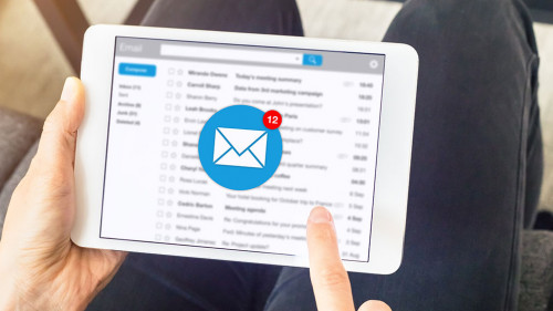 Email inbox notification with woman receiving new incoming messa