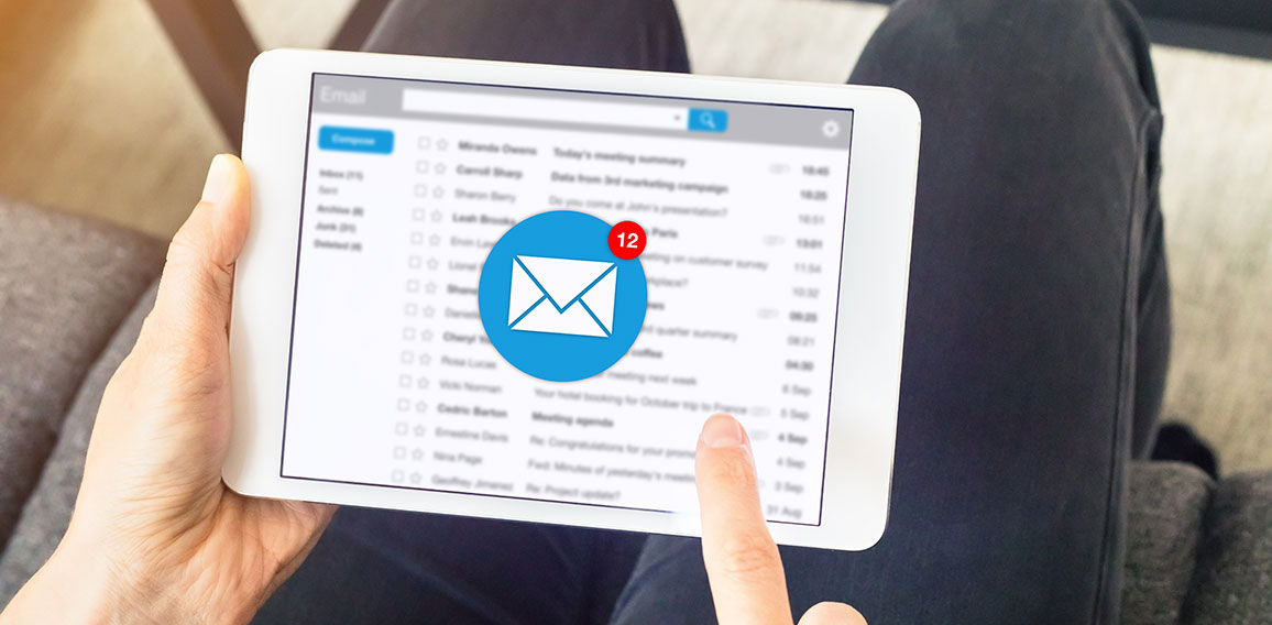 Email inbox notification with woman receiving new incoming messa