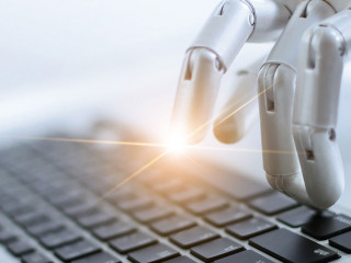 Robot finger point and working to laptop keyboard button, AI, Ar