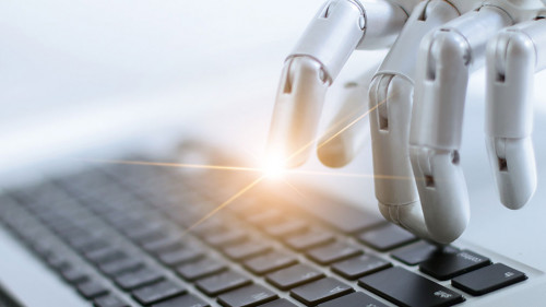 Robot finger point and working to laptop keyboard button, AI, Ar