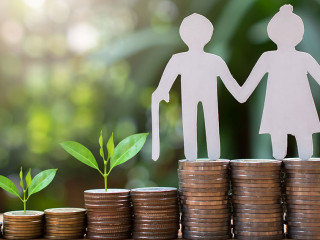 old couple model standing on money coins saving for concept inve