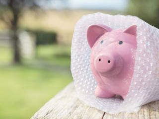 Piggy bank wrapped in bubble wrap, protecting your money