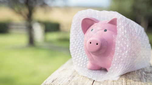 Piggy bank wrapped in bubble wrap, protecting your money