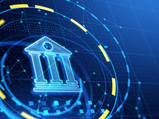 Glowing blue digital bank icon on blue background with mock up place. Online banking and transaction concept. 3D Rendering.