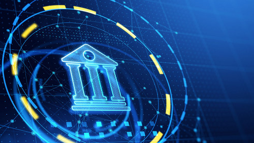 Glowing blue digital bank icon on blue background with mock up place. Online banking and transaction concept. 3D Rendering.