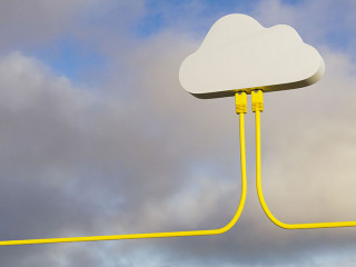 3D render: Cloud Computing Concept - Two Ethernet Cables plugged into a symbolic cloud. Real sky and cloud background.