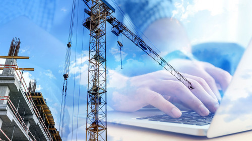 Double exposure of male programmer using laptop and construction