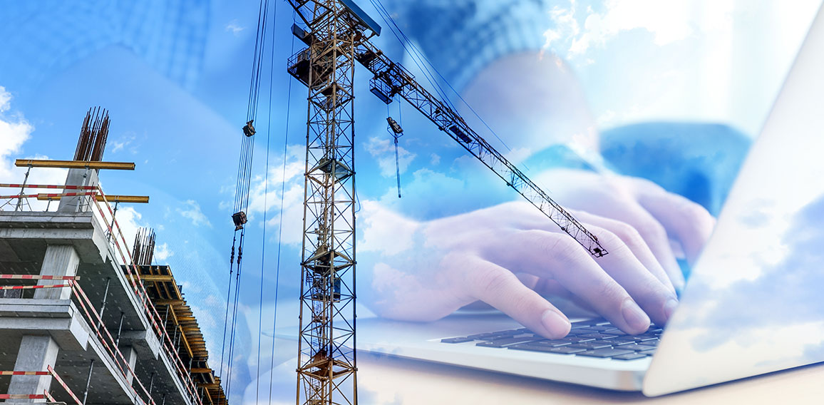 Double exposure of male programmer using laptop and construction