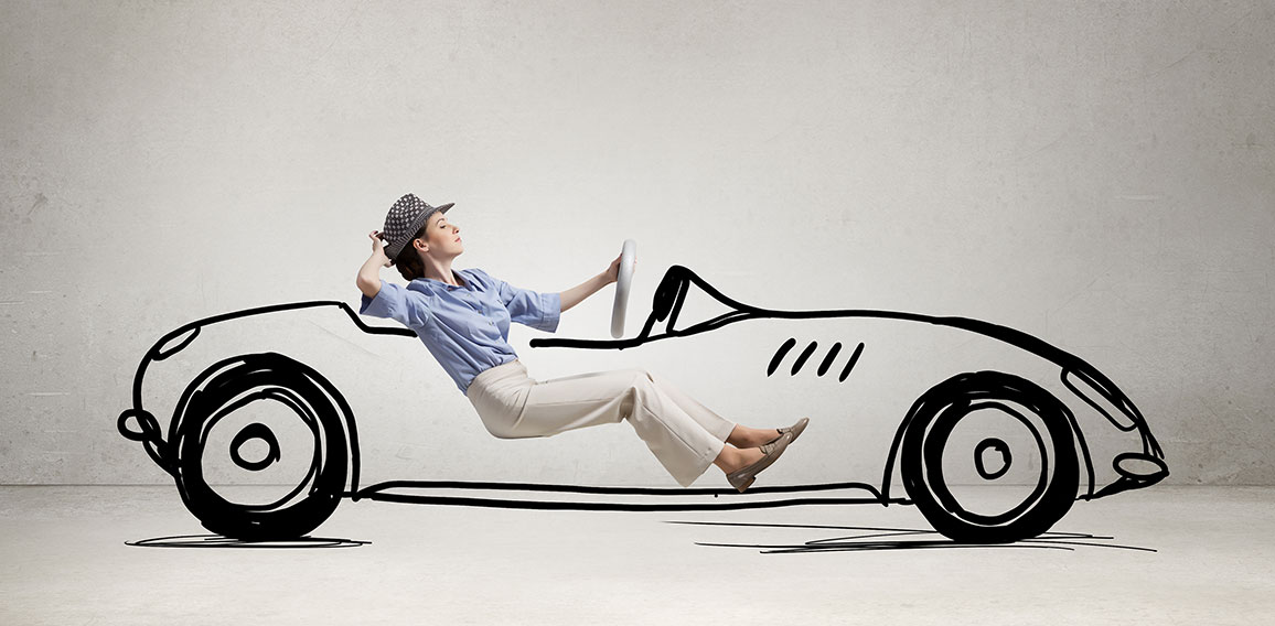 Woman driving old styled drawn car . Mixed media